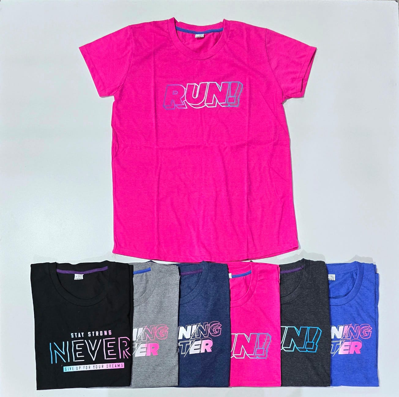 Remera de dama algodón merserisado jaspeado con plastisol y tapa costura varios talle especial T 6-7-8